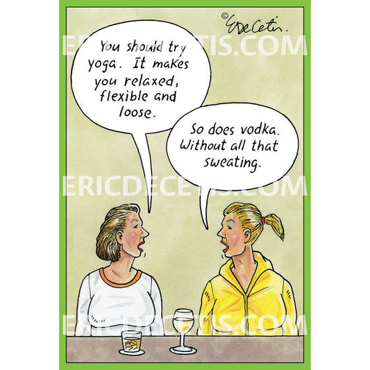 Pictura Yoga Vodka birthday card featuring playful yoga poses and vodka bottle illustration by Eric Decetis.