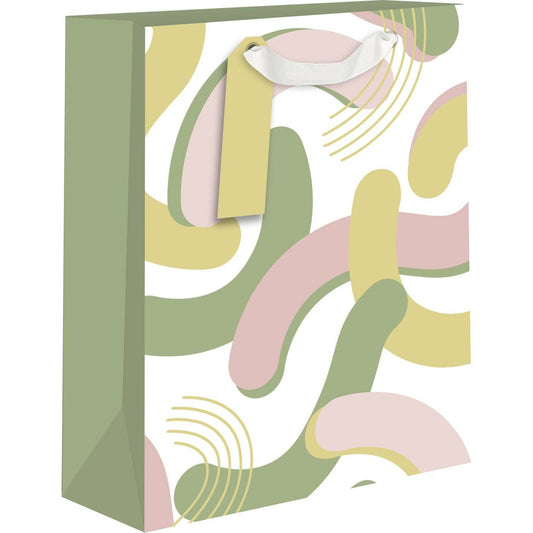 Green and pink medium Pictura gift bag with decorative handles, ideal for wrapping presents and special occasions.