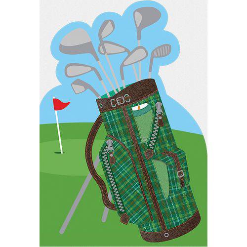 Pictura golf bag birthday card featuring a detailed illustration of a golf bag with clubs on a white background.