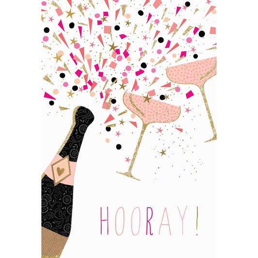 Hooray Champagne engagement card by Sara Miller, Pictura, featuring elegant champagne glasses and celebratory design.