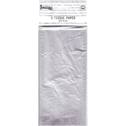 Silver tissue paper from AB PICTURA, neatly folded, showcasing shiny, metallic wrapping paper perfect for gift wrapping or crafts.