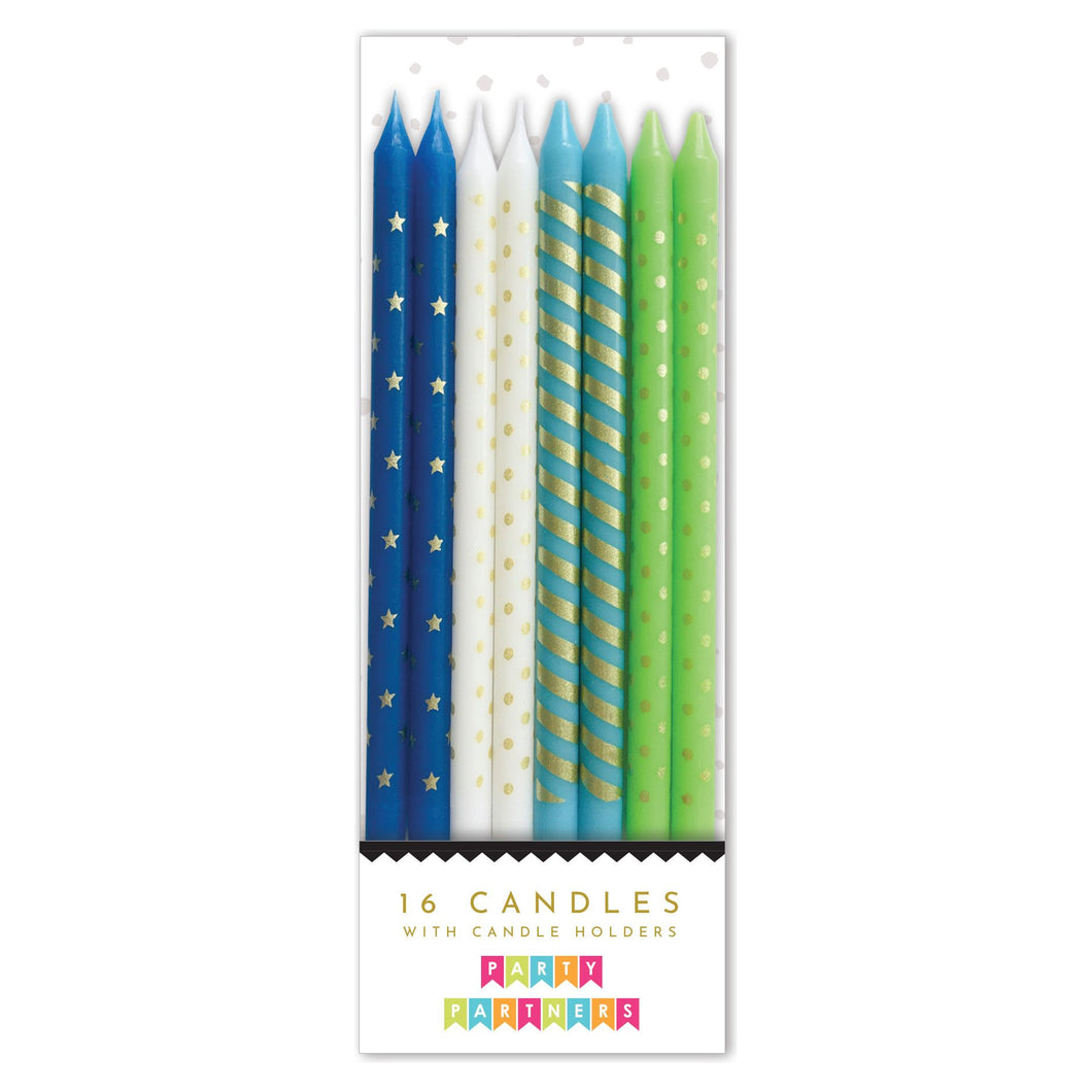 Blue & Green Metallic Patterned 16 Candle Set Party Partners