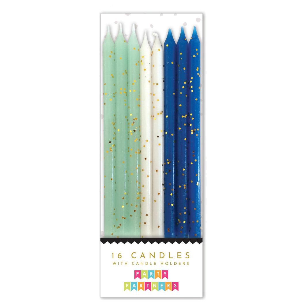 Blue Gold Glitter 16 Candle Set Party Partners