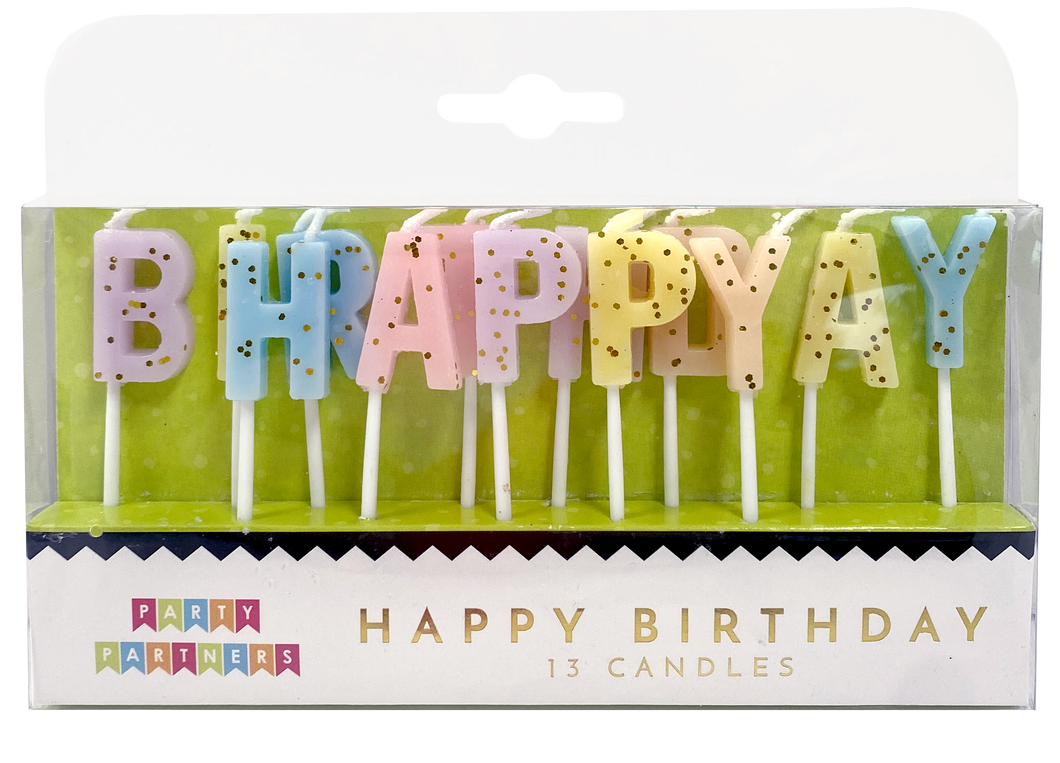 Happy Birthday Pastel Gold Glitter Candle Set Party Partners