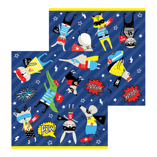 Super Hero themed napkins by Party Partners featuring colorful superhero graphics for party decoration.