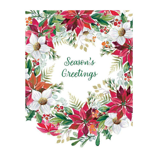 Pictura Christmas card featuring a festive poinsettia wreath design with red and green holiday accents.