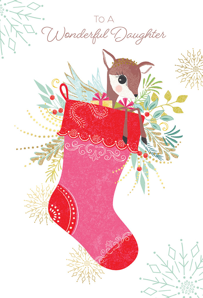 Tiny Deer Stocking Christmas Card Daughter