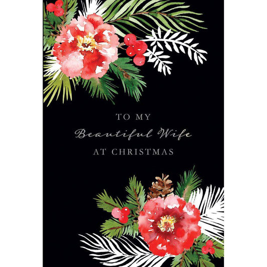 Pictura Christmas card featuring pine branches and colorful flowers, designed for wife, perfect for holiday greetings.