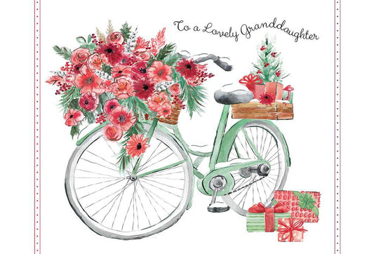 Snowy bike Christmas card featuring a festive scene with granddaughter illustration, by Pictura.