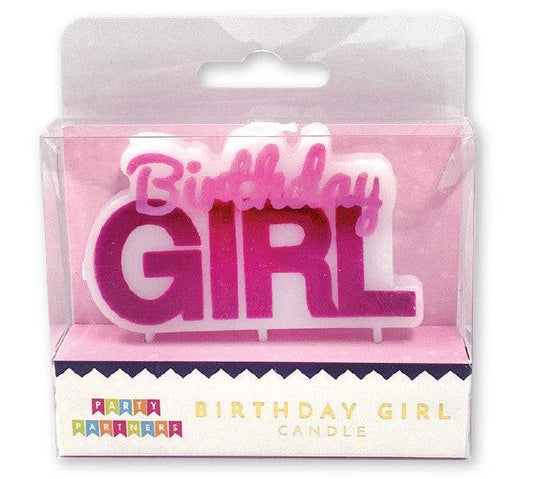 Birthday Girl candle block by Party Partners, featuring colorful wax letters on a white background.