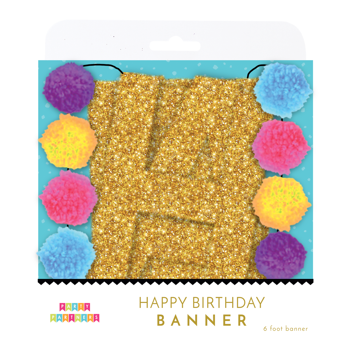 Colorful H-Bay Pom-Poms banner by Party Partners, decorative garland for celebrations with vibrant pom-pom accents.