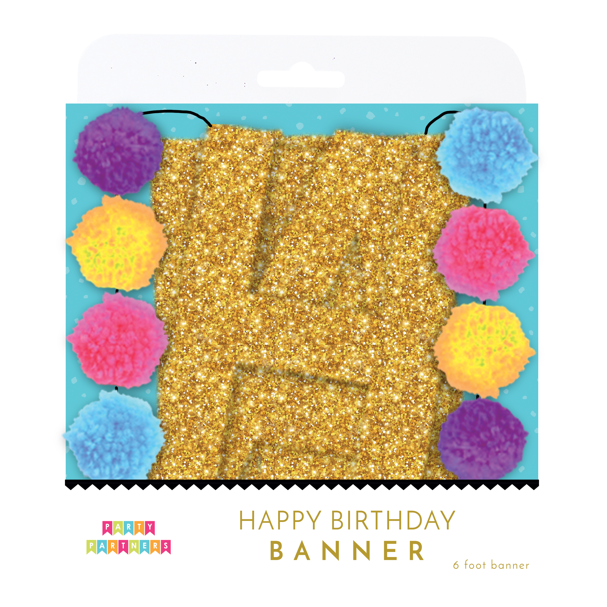Colorful H-Bay Pom-Poms banner by Party Partners, decorative garland for celebrations with vibrant pom-pom accents.