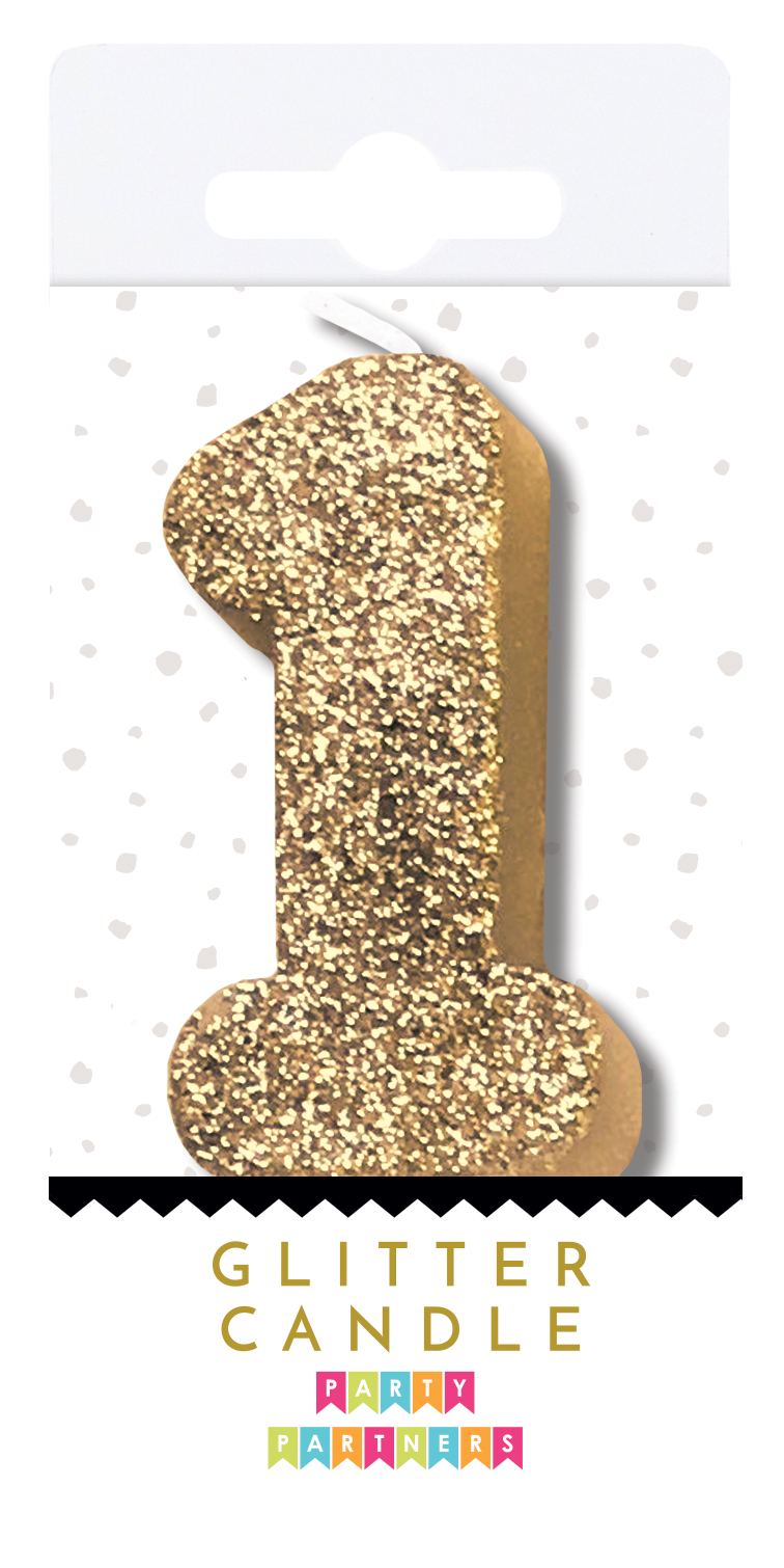 Party Partners glitter number candle in the shape of zero, with sparkling gold finish, perfect for birthday celebrations.
