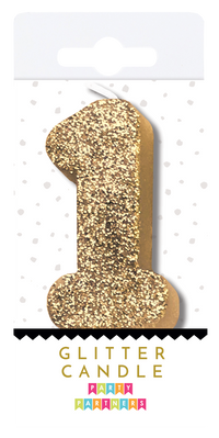 Party Partners glitter number candle in the shape of zero, with sparkling gold finish, perfect for birthday celebrations.