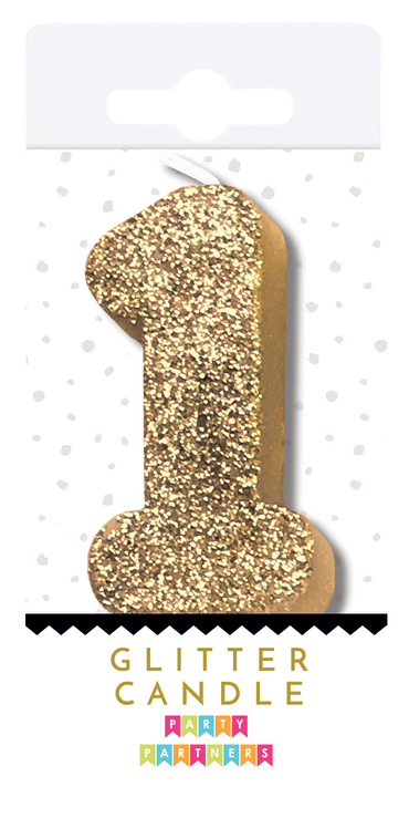 Party Partners glitter number candle in the shape of zero, with sparkling gold finish, perfect for birthday celebrations.