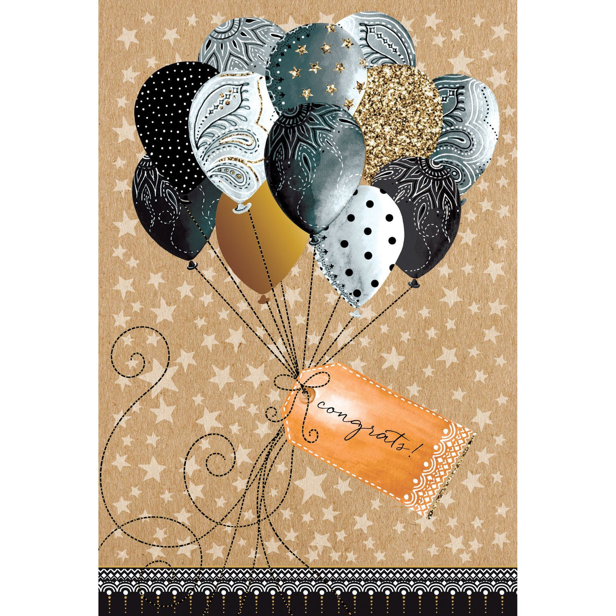Black and gold balloons on a retirement congratulations card by Pictura, featuring festive balloon illustrations for retirement celebration.