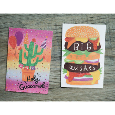 Colorful hamburger birthday card from Pictura featuring confetti and festive design, perfect for celebrating special occasions.