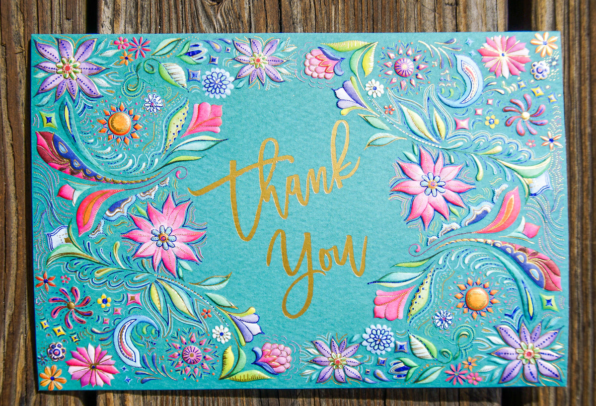 Turquoise thank you card by Pictura featuring a floral wreath design, perfect for everyday occasions.