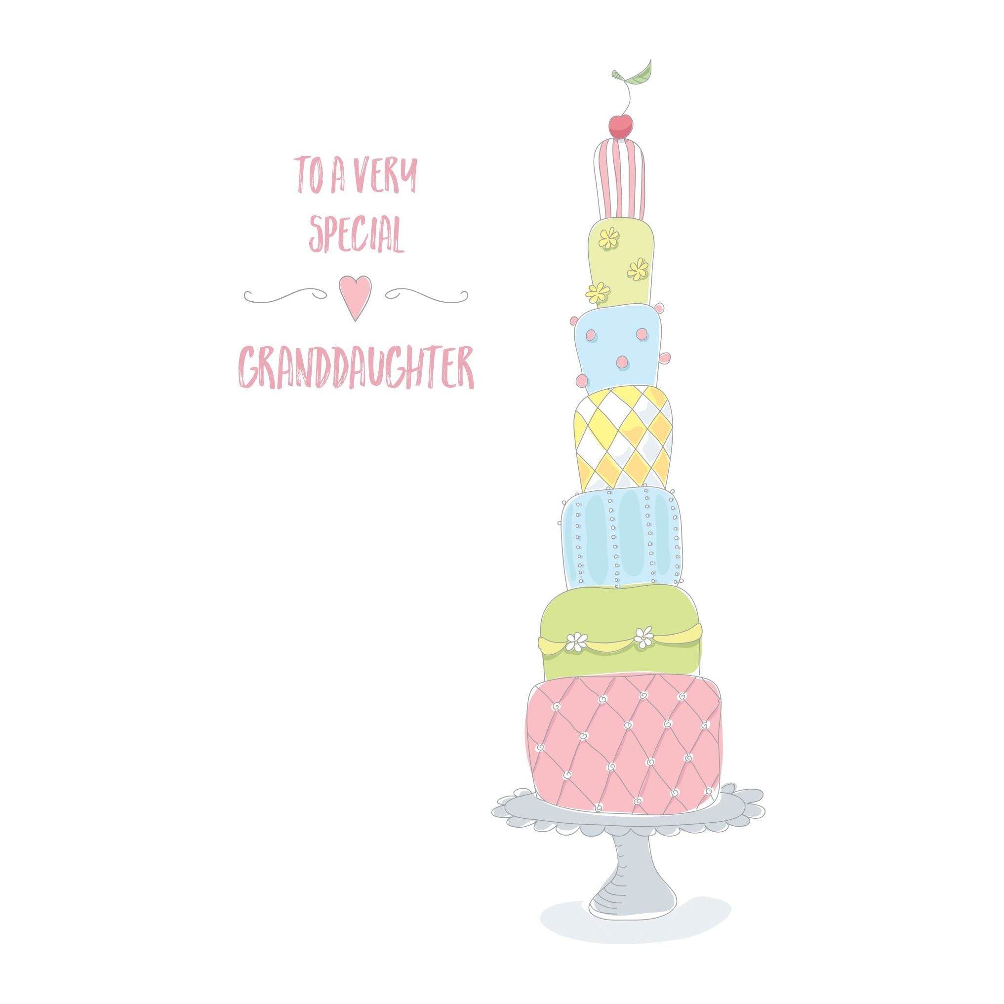 Pictura Tower Cake birthday card for granddaughter, featuring colorful cake illustration and festive design for special occasions.