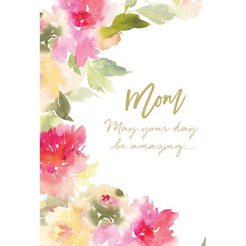 Pink and yellow floral border birthday card for mother by Pictura, featuring elegant floral design on the front.