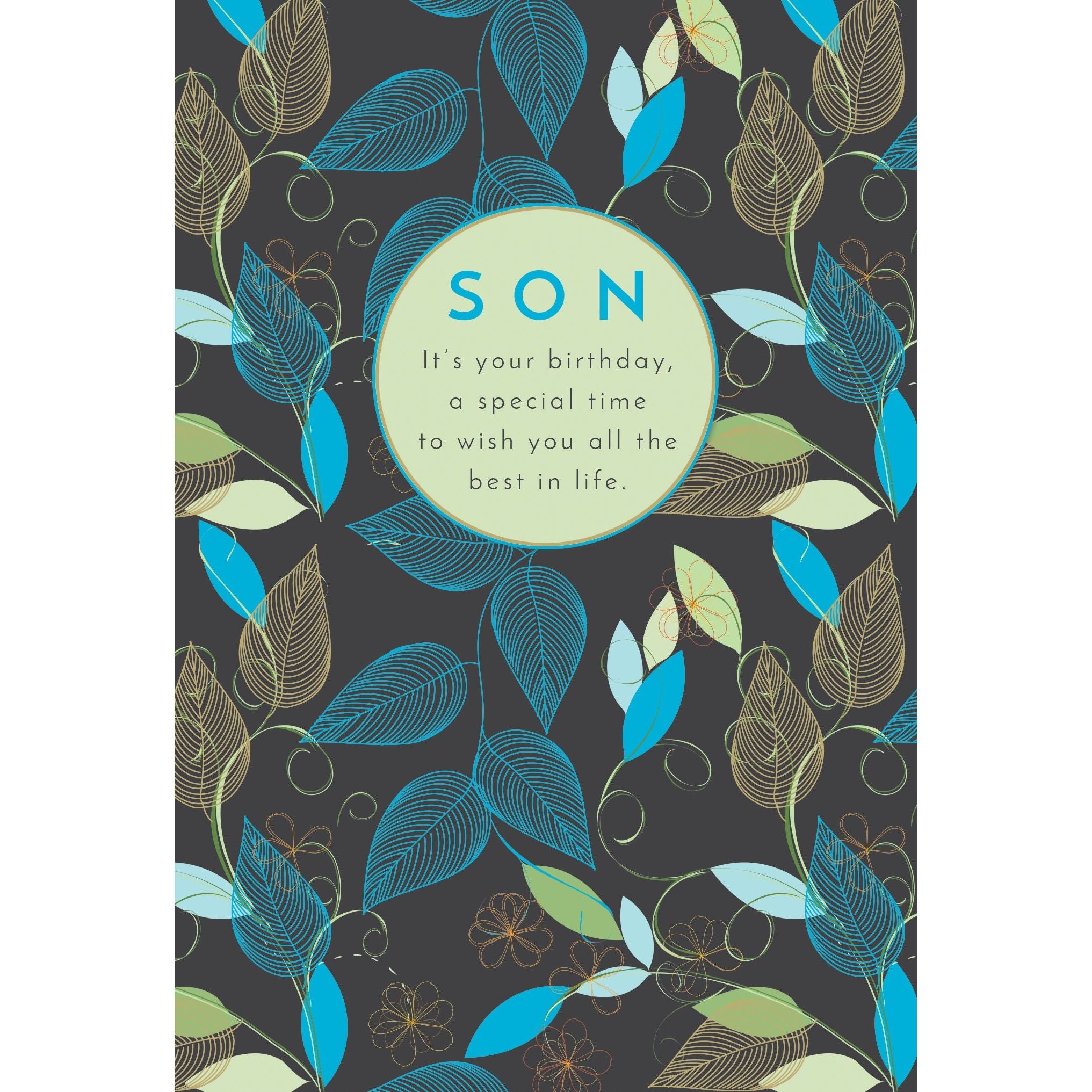 Green and turquoise leaves birthday card for son from Pictura, featuring vibrant foliage design on the front.