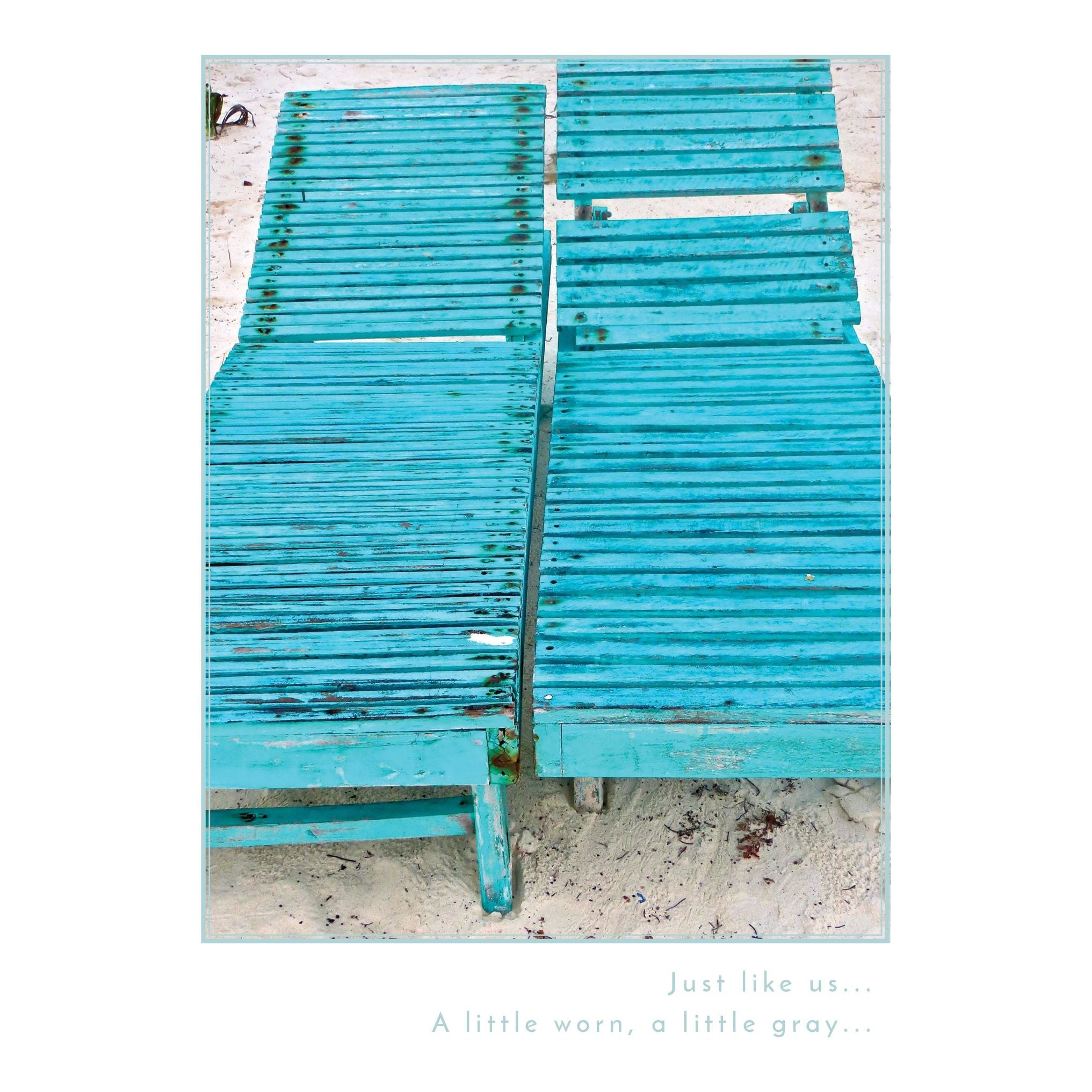 Two worn beach chairs anniversary card from Pictura, featuring an illustration of outdoor chairs on a sunny beach scene.