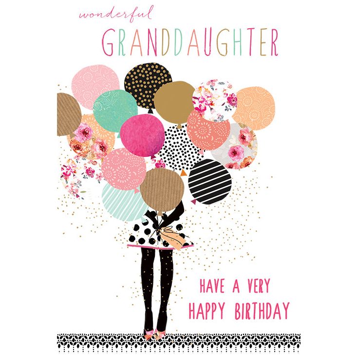 Girl with balloons birthday card featuring granddaughter design by Sara Miller, from Pictura's everyday card collection.