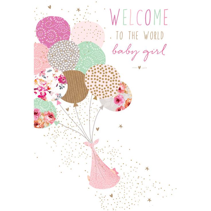 Pink welcome balloons for new baby girl by Sara Miller on Pictura Everyday Cards, celebrating a joyful arrival.