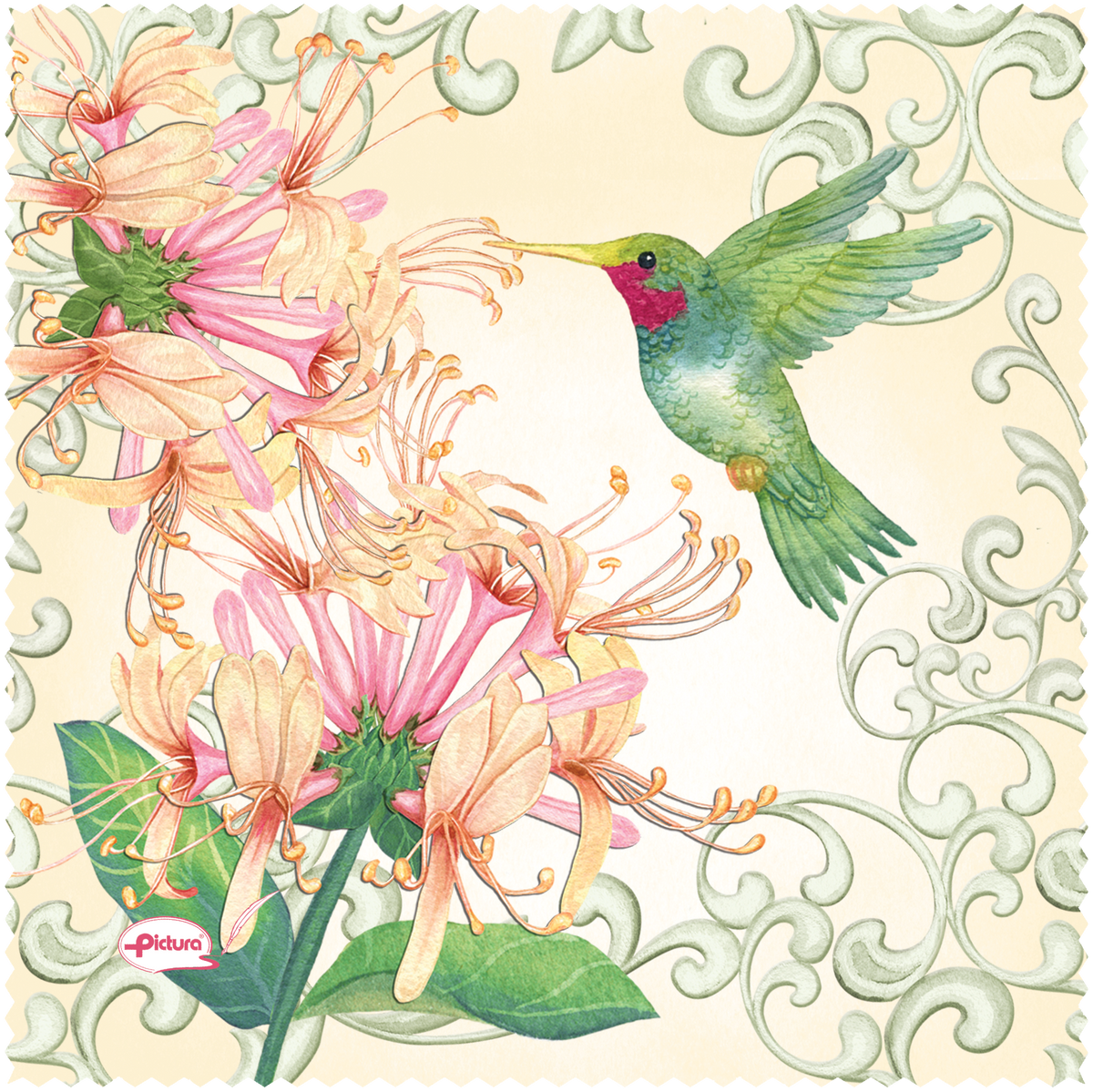 Pictura Hummingbird Sienna's Garden Smart Cloth, decorative fabric with floral and hummingbird design on white background