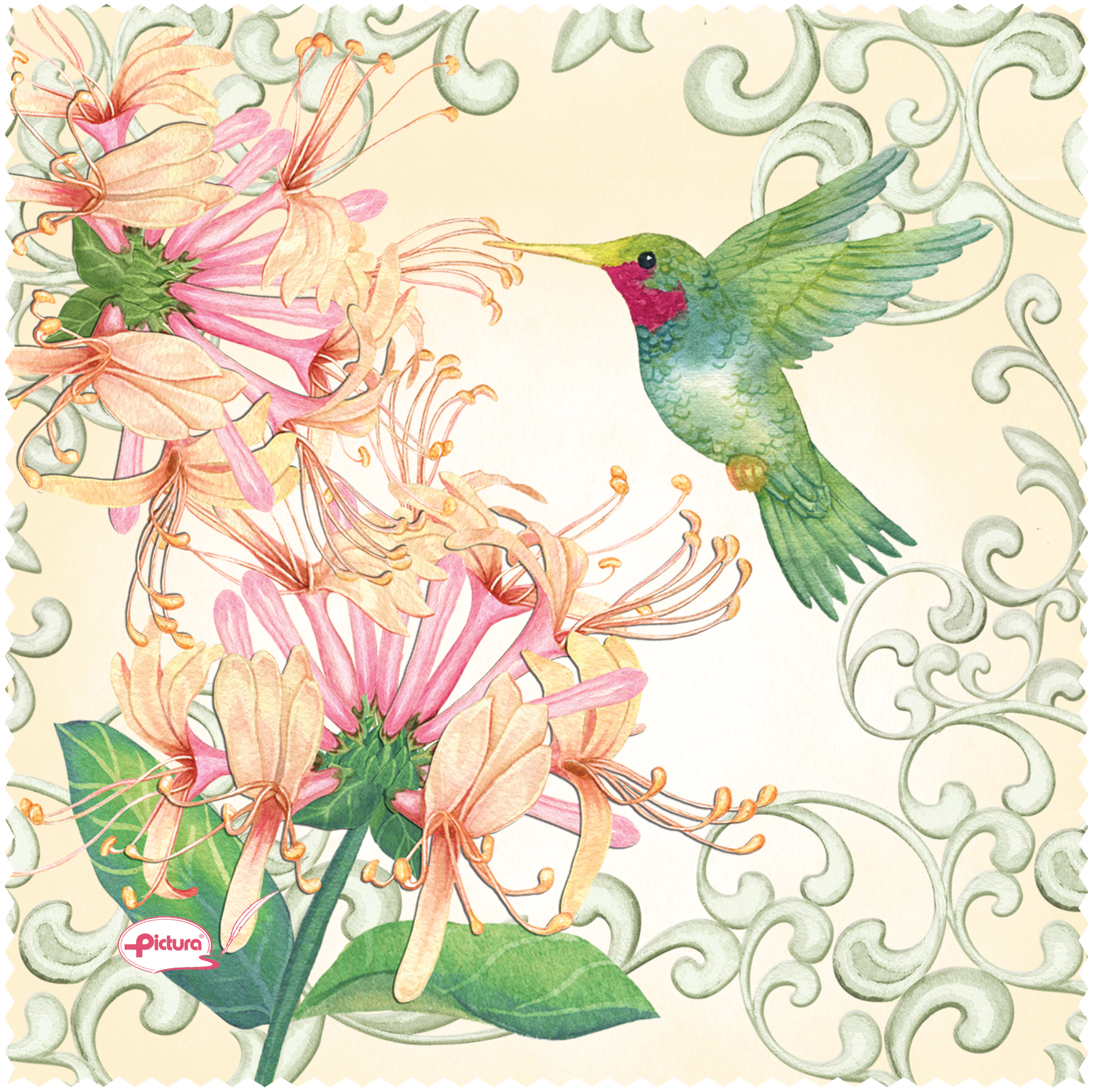 Pictura Hummingbird Sienna's Garden Smart Cloth, decorative fabric with floral and hummingbird design on white background